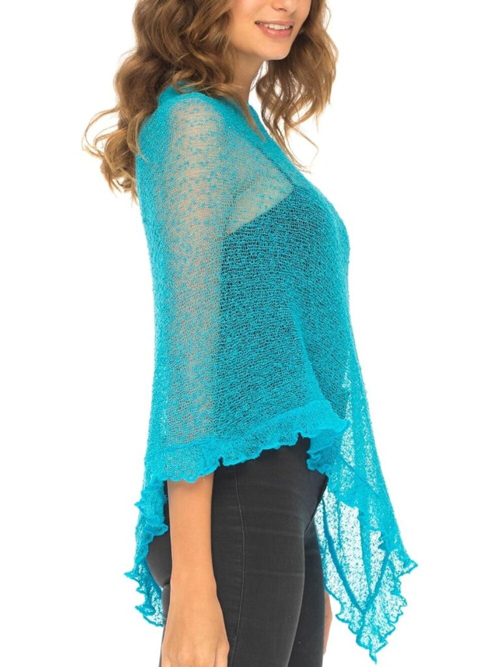 〽️Women’s Torquise Sheer Knit Poncho Shrug Lightweight Asymmetrical Ruffle Wraps